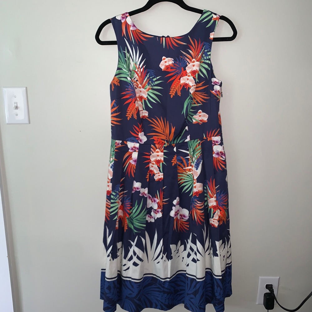 Talbots Womens Navy Blue Tropical Floral Orchid Cotton Fit Flare Dress 6
